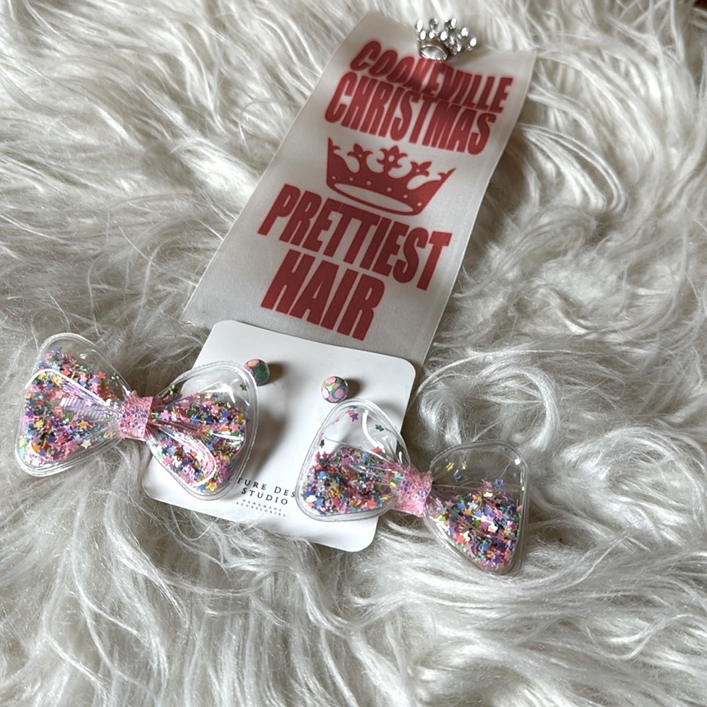 Matching confetti pigtail bows and earring set